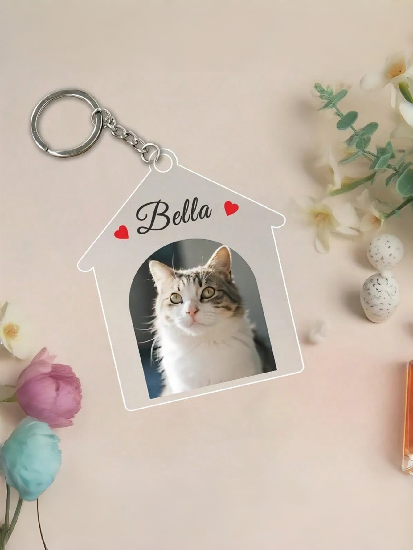 Acrylic House-Shaped Pet Keychain — Customizable with Your Pet's Photo and Name Pet Memorial Gift